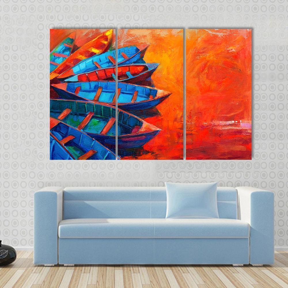 Watercolor Sketch Of Water Boats Canvas Wall Art-3 Horizontal-Gallery Wrap-37" x 24"-Tiaracle