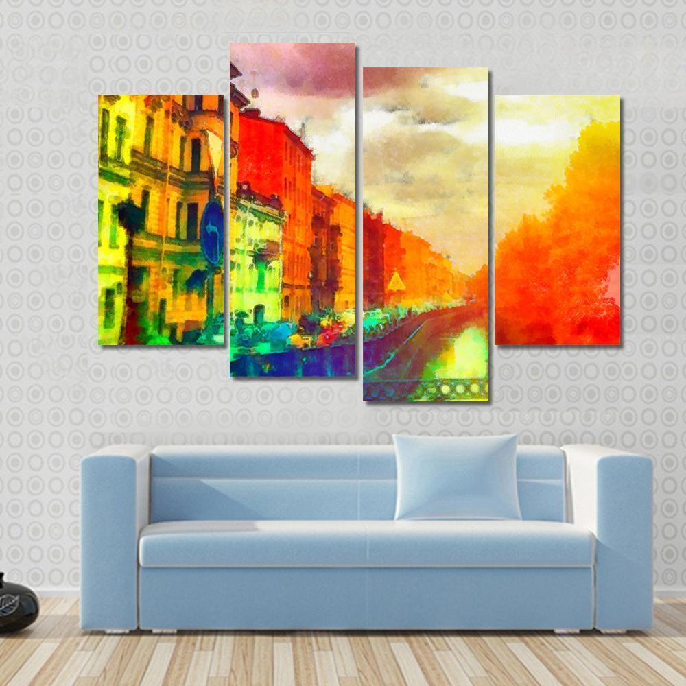 Watercolor Street Canvas Wall Art-4 Pop-Gallery Wrap-50&quot; x 32&quot;-Tiaracle