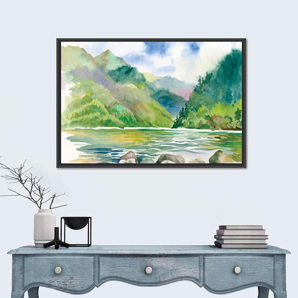 Watercolor Summer River Landscape Vector Canvas Wall Art-1 Piece-Floating Frame-24" x 16"-Tiaracle