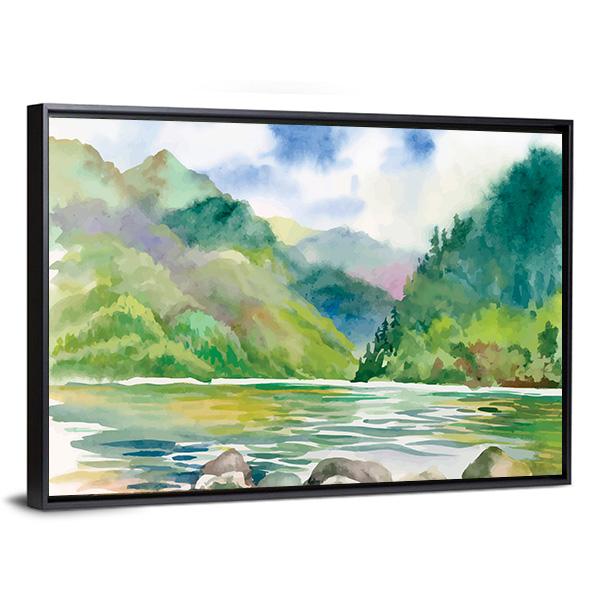 Watercolor Summer River Landscape Vector Canvas Wall Art-3 Horizontal-Gallery Wrap-25" x 16"-Tiaracle