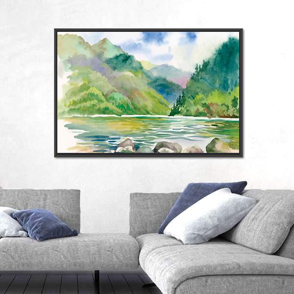 Watercolor Summer River Landscape Vector Canvas Wall Art-3 Horizontal-Gallery Wrap-25" x 16"-Tiaracle