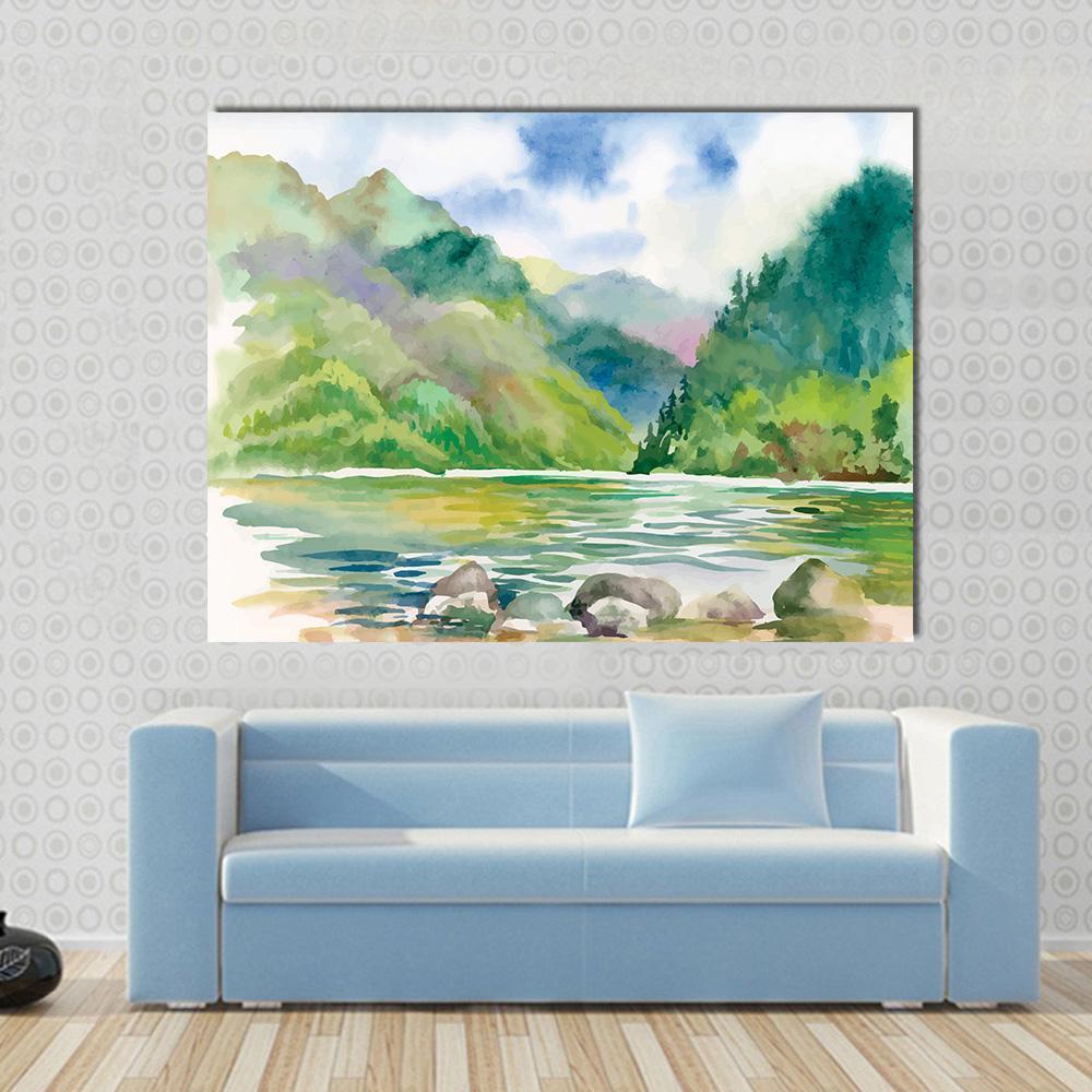 Watercolor Summer River Landscape Canvas Wall Art in white, green and blue, single panel hung on a wall
