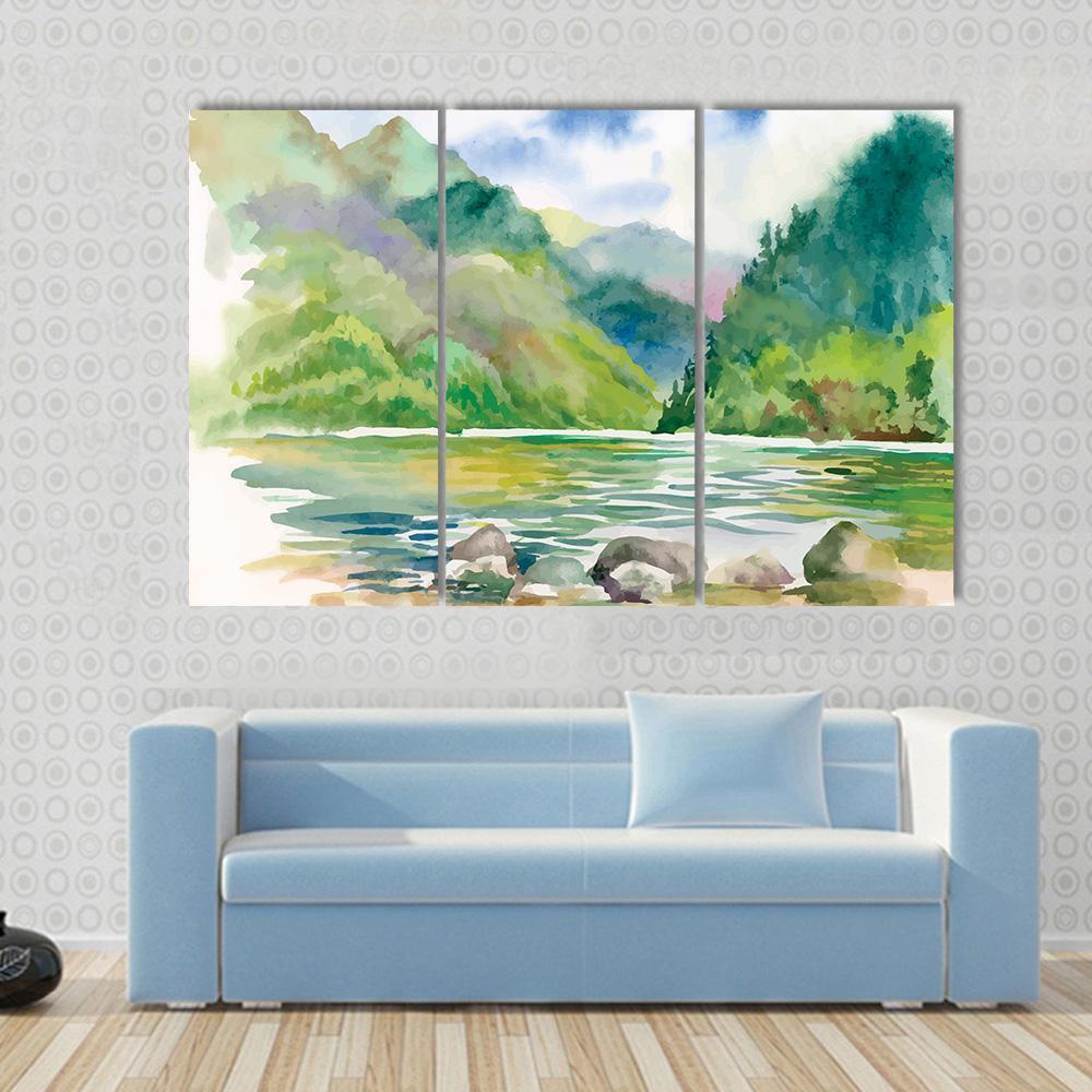Watercolor Summer River Landscape Vector Canvas Wall Art-3 Horizontal-Gallery Wrap-37" x 24"-Tiaracle
