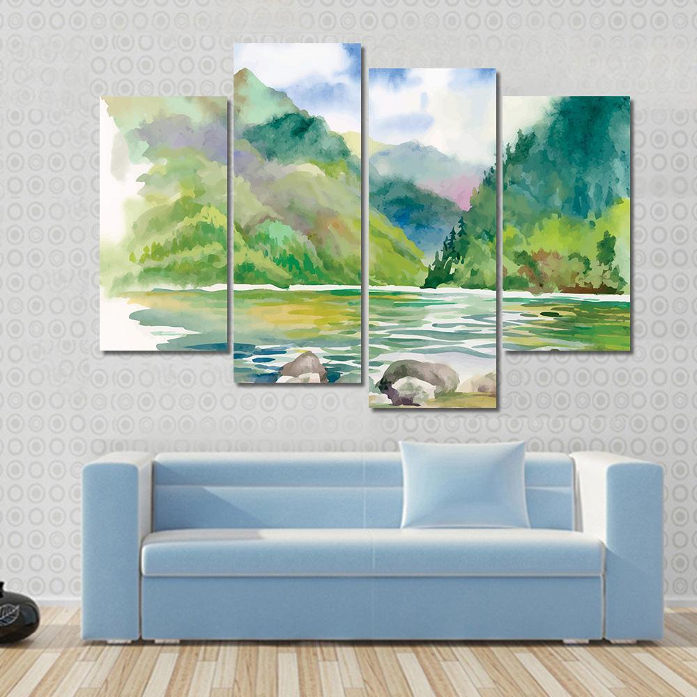 Watercolor Summer River Landscape Vector Canvas Wall Art-4 Pop-Gallery Wrap-50" x 32"-Tiaracle