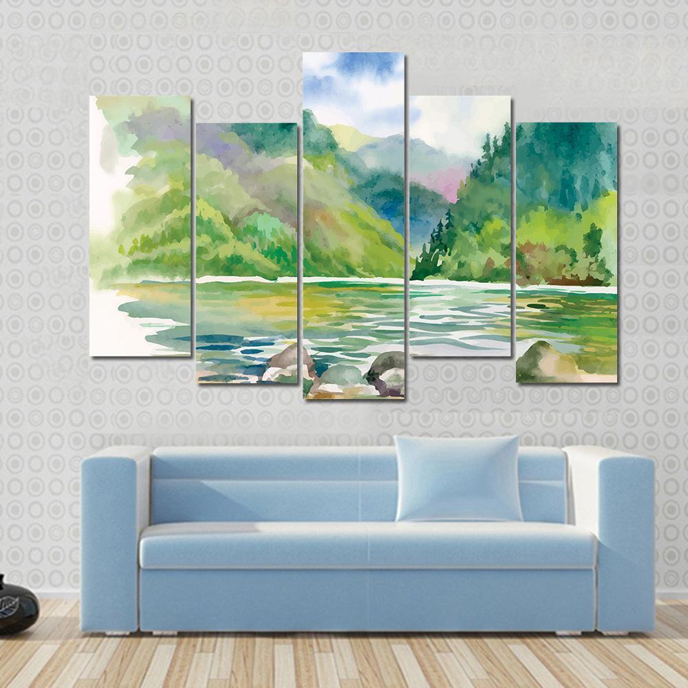 Watercolor Summer River Landscape Vector Canvas Wall Art-5 Pop-Gallery Wrap-47" x 32"-Tiaracle