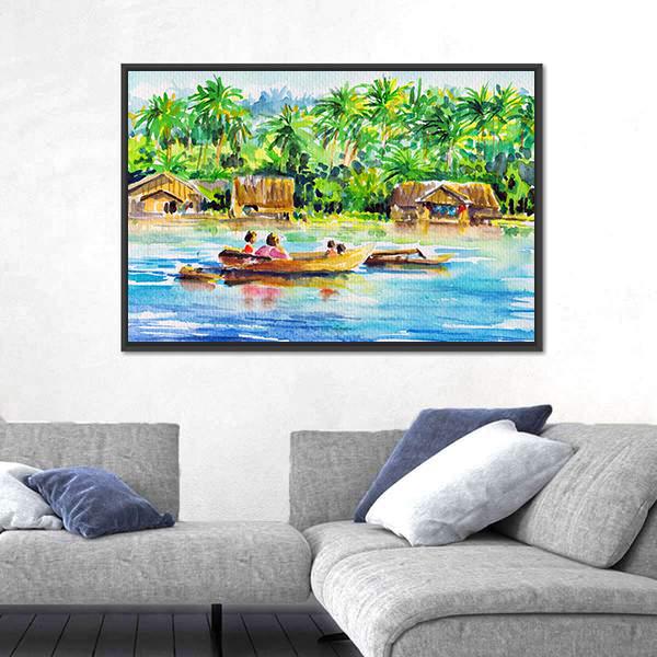 Watercolors Art Of Village And River Panoramic Canvas Wall Art-1 Piece-36" x 12"-Tiaracle