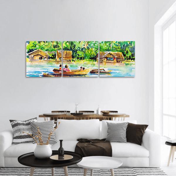 Riverside Village Watercolor Scene Panoramic Canvas Wall Art in yellow, green and blue, hung on a wall