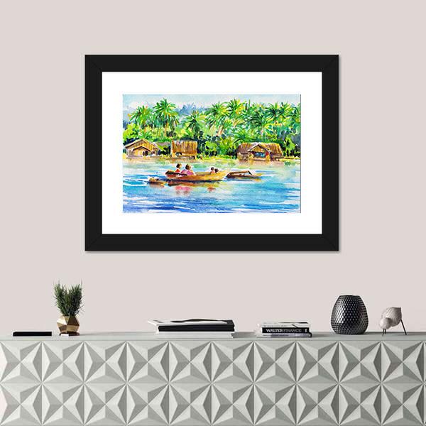Watercolors Art Of Village And River Panoramic Canvas Wall Art-1 Piece-36" x 12"-Tiaracle
