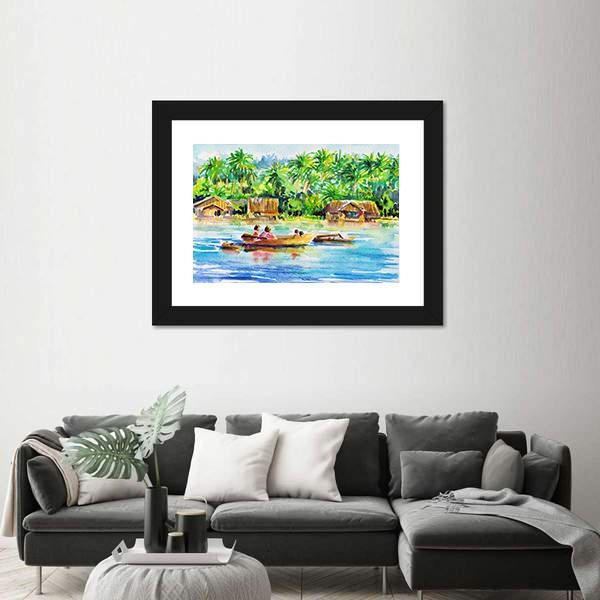 Watercolors Art Of Village And River Panoramic Canvas Wall Art-1 Piece-36" x 12"-Tiaracle