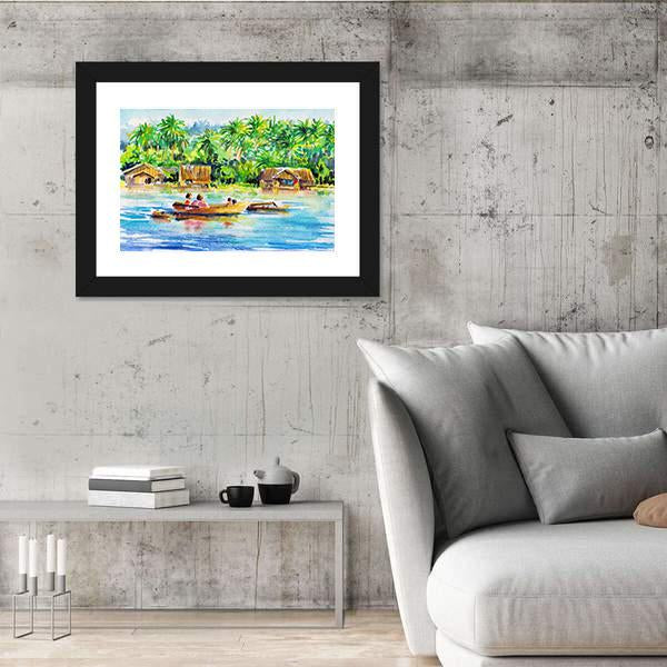 Watercolors Art Of Village And River Panoramic Canvas Wall Art-1 Piece-36" x 12"-Tiaracle