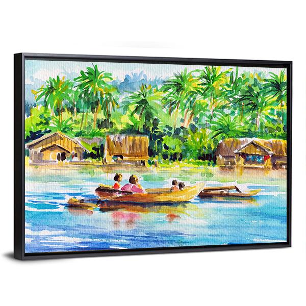 Watercolors Art Of Village And River Panoramic Canvas Wall Art-1 Piece-36" x 12"-Tiaracle