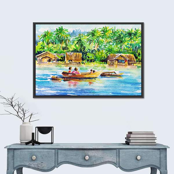 Watercolors Art Of Village And River Panoramic Canvas Wall Art-1 Piece-36" x 12"-Tiaracle