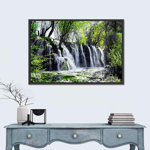 Waterfall Among Green Woods Canvas Wall Art-1 Piece-Floating Frame-24" x 16"-Tiaracle