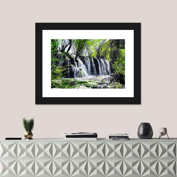 Waterfall Among Green Woods Canvas Wall Art-1 Piece-Framed Print-20" x 16"-Tiaracle
