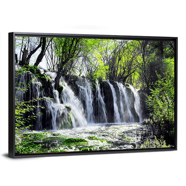 Waterfall Among Green Woods Canvas Wall Art-3 Horizontal-Gallery Wrap-25" x 16"-Tiaracle
