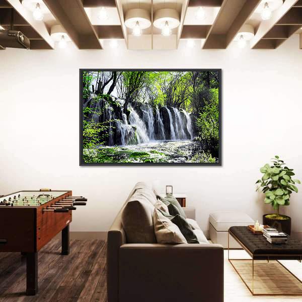 Waterfall Among Green Woods Canvas Wall Art-3 Horizontal-Gallery Wrap-25" x 16"-Tiaracle