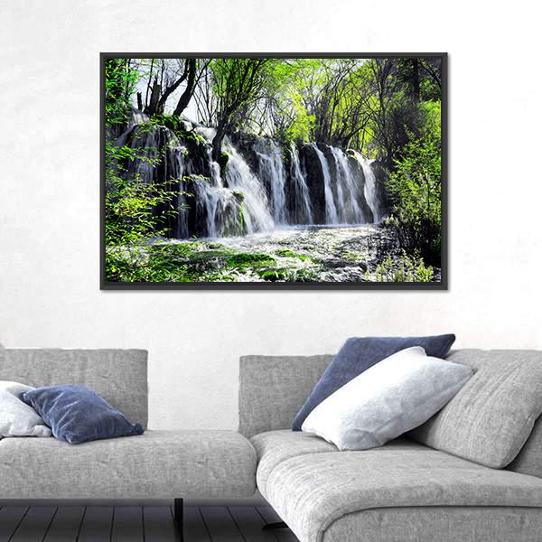 Waterfall Among Green Woods Canvas Wall Art-3 Horizontal-Gallery Wrap-25" x 16"-Tiaracle