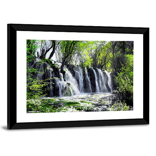 Waterfall Among Green Woods Canvas Wall Art-3 Horizontal-Gallery Wrap-25" x 16"-Tiaracle