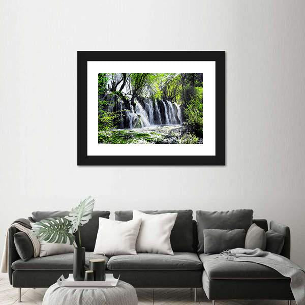Waterfall Among Green Woods Canvas Wall Art-3 Horizontal-Gallery Wrap-25" x 16"-Tiaracle
