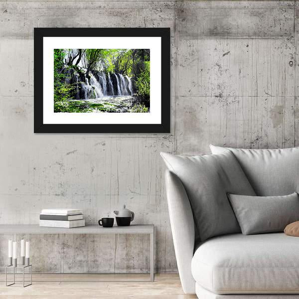 Waterfall Among Green Woods Canvas Wall Art-3 Horizontal-Gallery Wrap-25" x 16"-Tiaracle