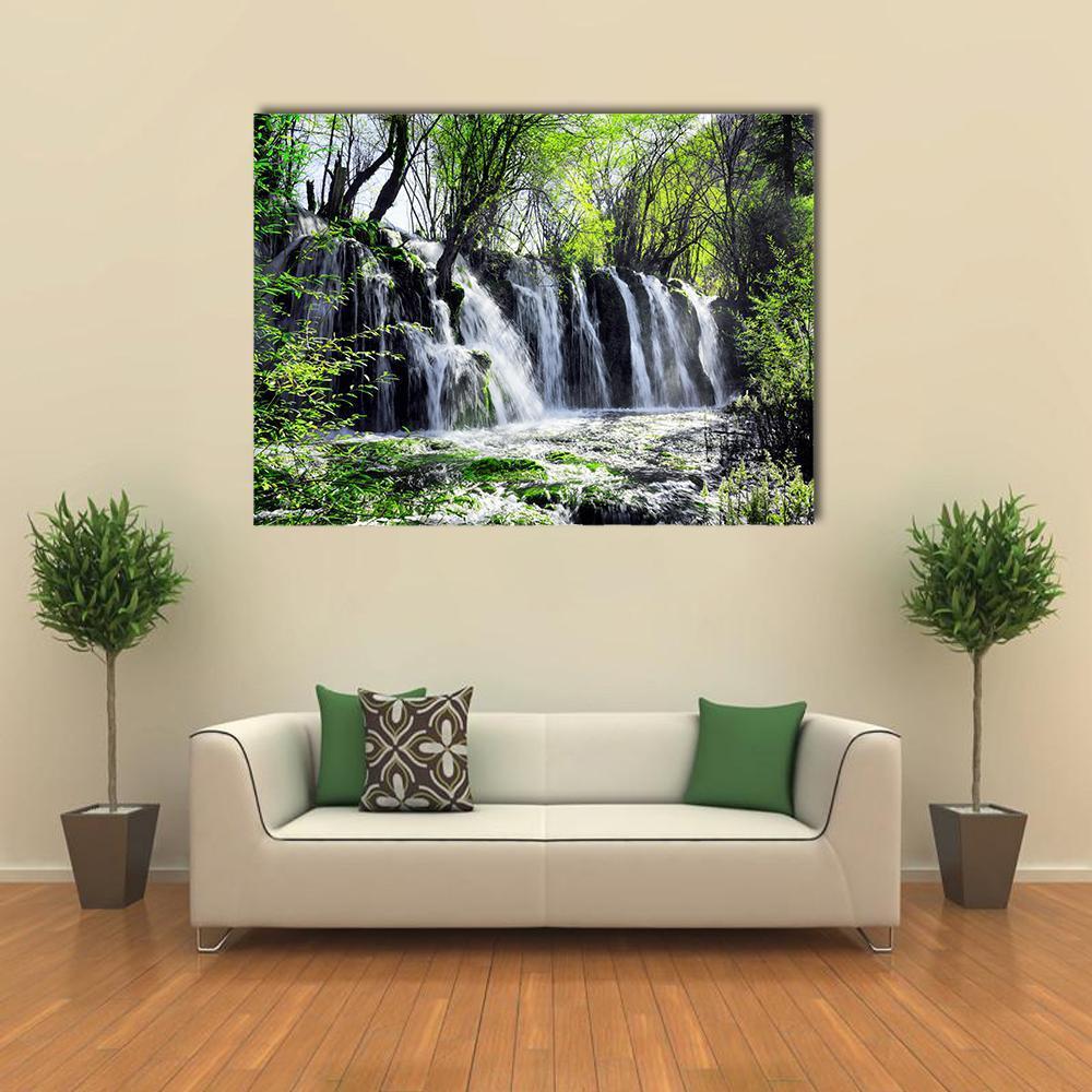 Waterfall Among Green Woods Canvas Wall Art-1 Piece-Gallery Wrap-48" x 32"-Tiaracle