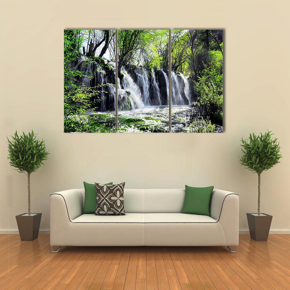 Waterfall Among Green Woods Canvas Wall Art-3 Horizontal-Gallery Wrap-37" x 24"-Tiaracle