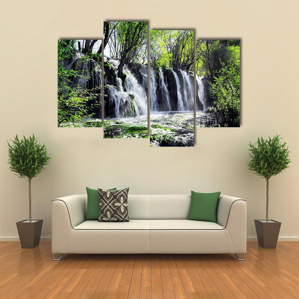Waterfall Among Green Woods Canvas Wall Art-4 Pop-Gallery Wrap-50" x 32"-Tiaracle