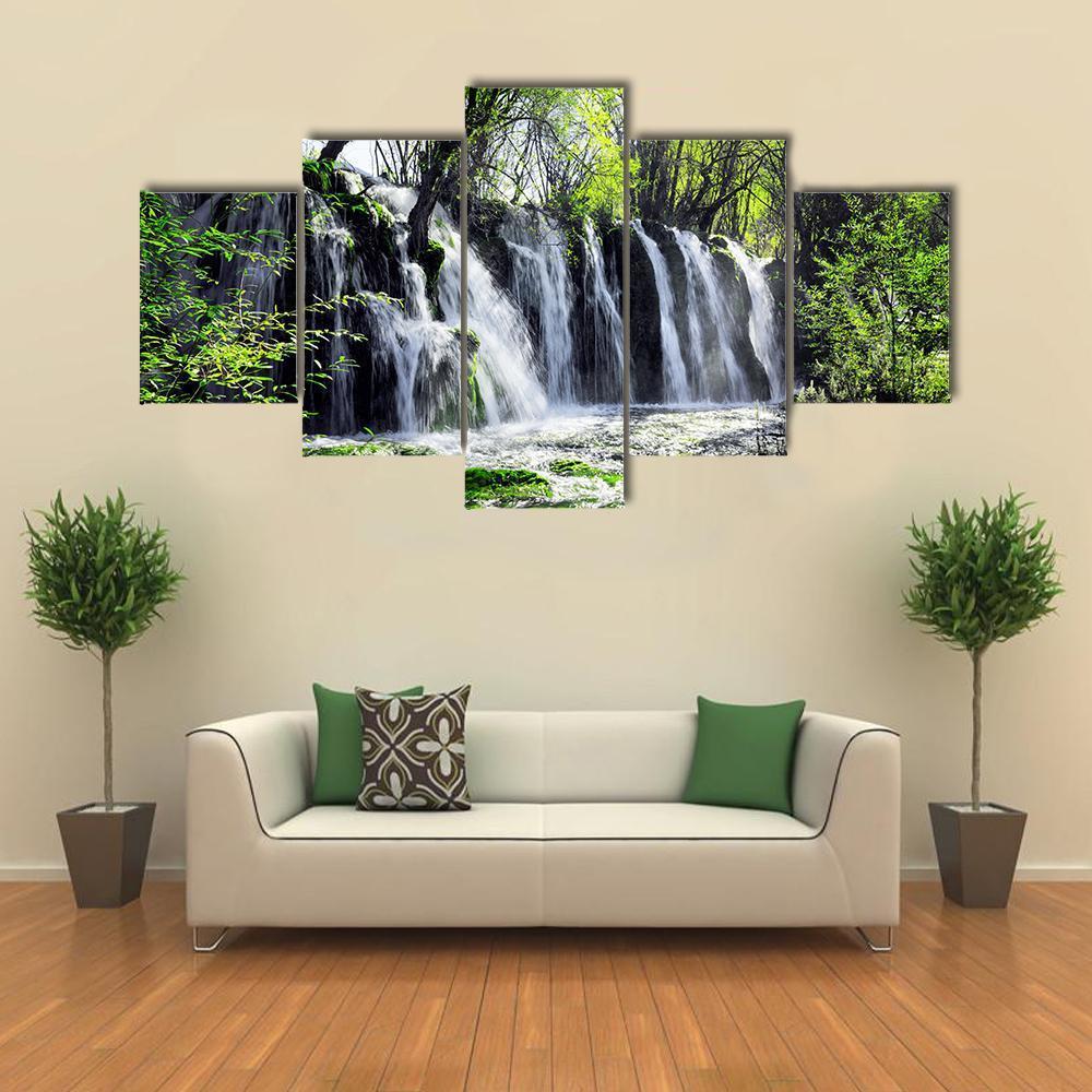 Waterfall Among Green Woods Canvas Wall Art-5 Star-Gallery Wrap-62" x 32"-Tiaracle