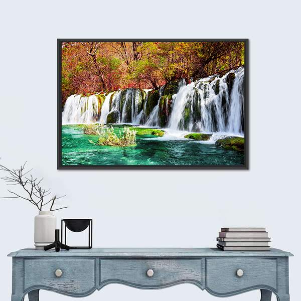 Waterfall And Azure Lake In China Canvas Wall Art-1 Piece-Floating Frame-24" x 16"-Tiaracle