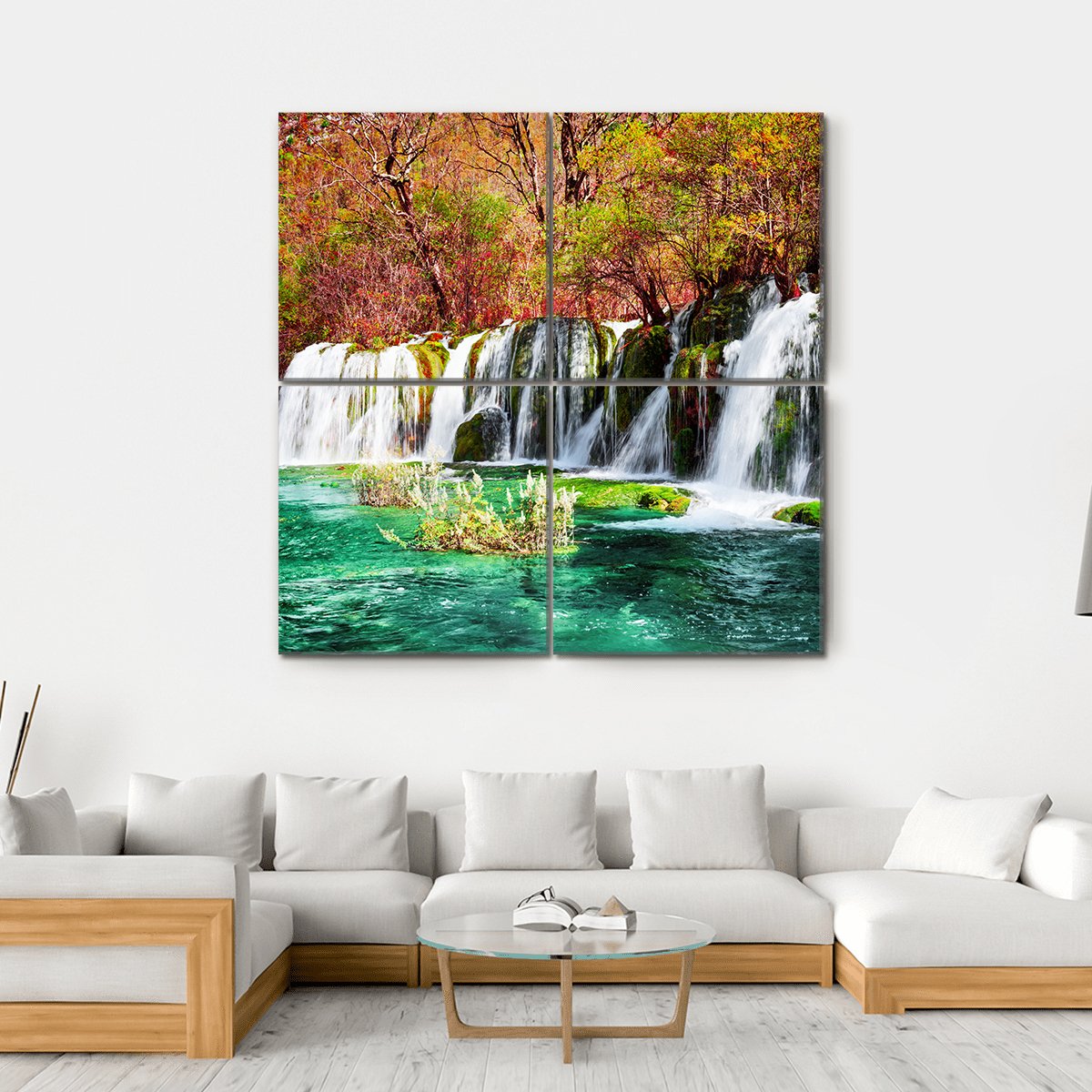 Waterfall And Azure Lake In China Canvas Wall Art-4 Square-Gallery Wrap-17" x 17"-Tiaracle