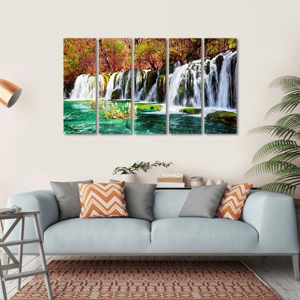 Waterfall And Azure Lake In China Canvas Wall Art-5 Horizontal-Gallery Wrap-22" x 12"-Tiaracle