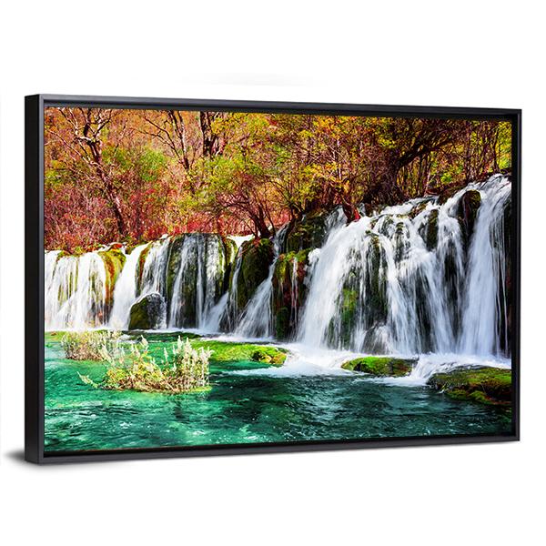 Waterfall And Azure Lake In China Canvas Wall Art-3 Horizontal-Gallery Wrap-25" x 16"-Tiaracle