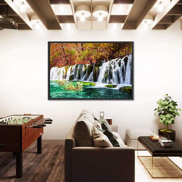 Waterfall And Azure Lake In China Canvas Wall Art-3 Horizontal-Gallery Wrap-25" x 16"-Tiaracle