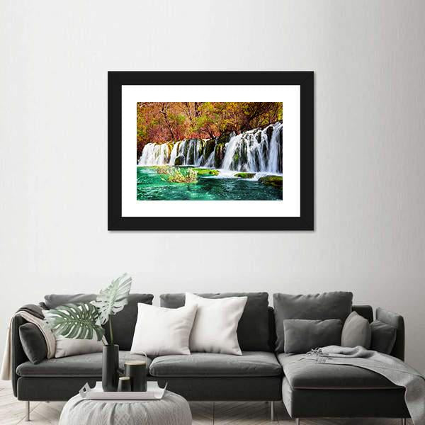 Waterfall And Azure Lake In China Canvas Wall Art-3 Horizontal-Gallery Wrap-25" x 16"-Tiaracle