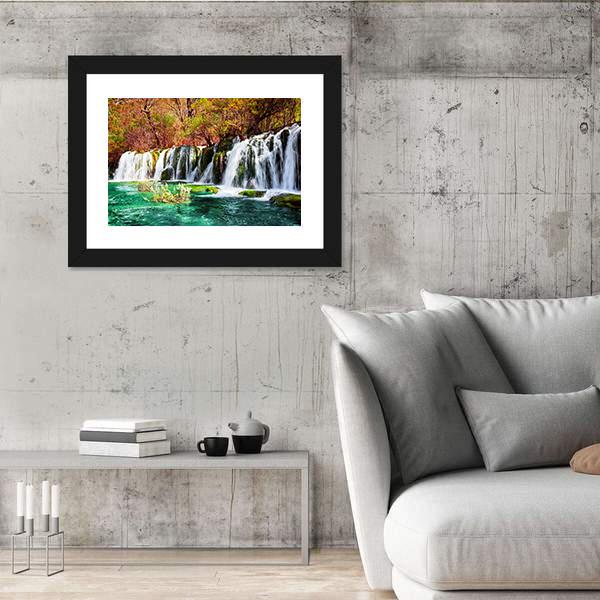 Waterfall And Azure Lake In China Canvas Wall Art-3 Horizontal-Gallery Wrap-25" x 16"-Tiaracle