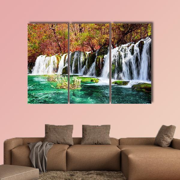 Waterfall And Azure Lake In China Canvas Wall Art-3 Horizontal-Gallery Wrap-37" x 24"-Tiaracle