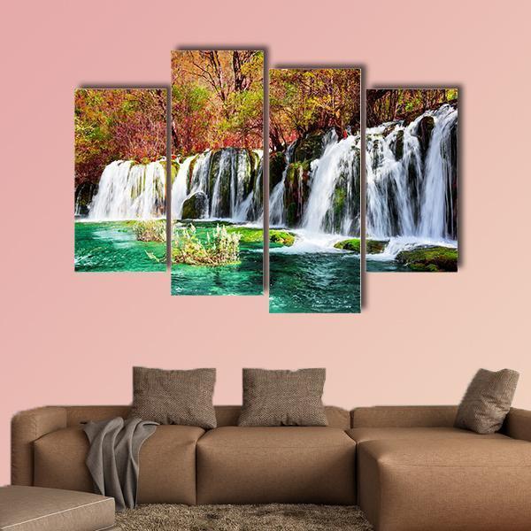 Waterfall And Azure Lake In China Canvas Wall Art-4 Pop-Gallery Wrap-50" x 32"-Tiaracle