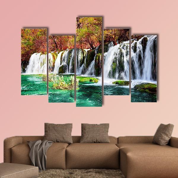 Waterfall And Azure Lake In China Canvas Wall Art-1 Piece-Gallery Wrap-48" x 32"-Tiaracle