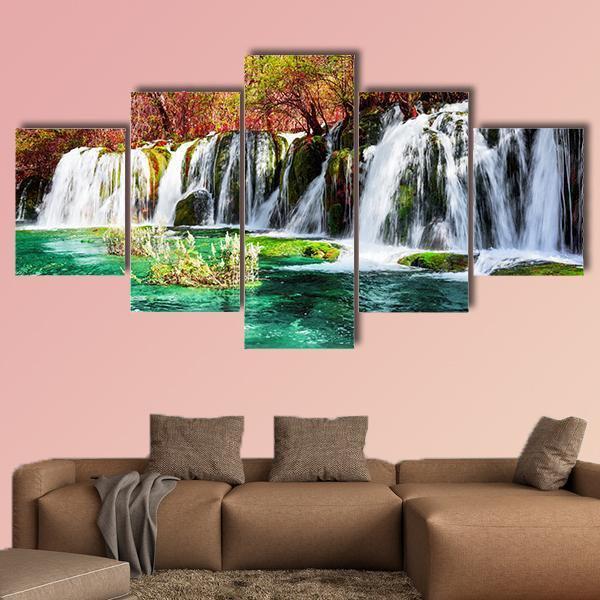 Waterfall And Azure Lake In China Canvas Wall Art-5 Star-Gallery Wrap-62" x 32"-Tiaracle
