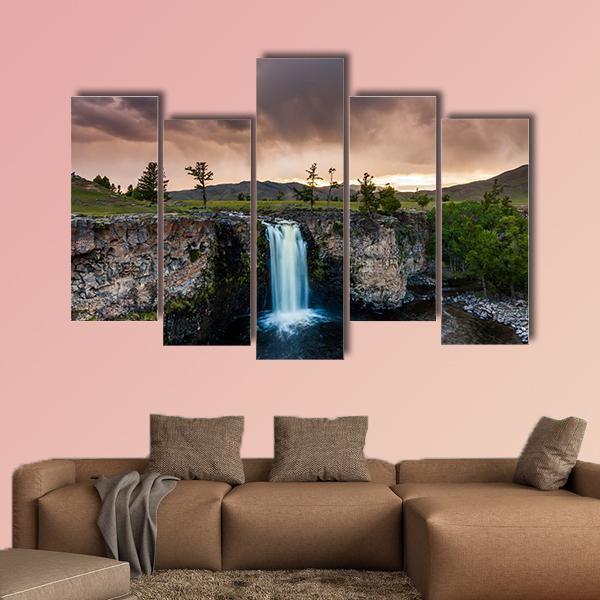 Waterfall And Beautiful Sky In Mongolia Canvas Wall Art-5 Pop-Gallery Wrap-47" x 32"-Tiaracle