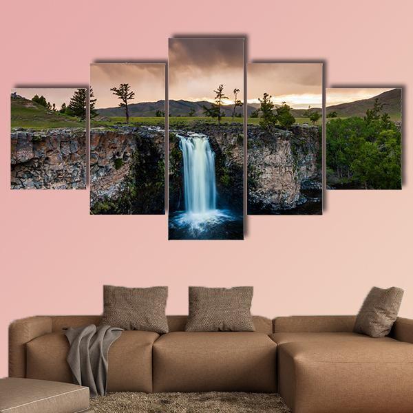 Waterfall And Beautiful Sky In Mongolia Canvas Wall Art-5 Star-Gallery Wrap-62" x 32"-Tiaracle