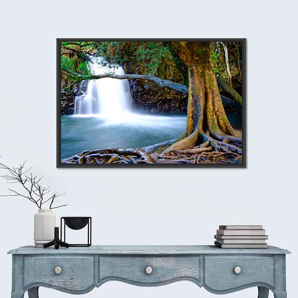 Waterfall And Old Tree Canvas Wall Art-1 Piece-Floating Frame-24" x 16"-Tiaracle