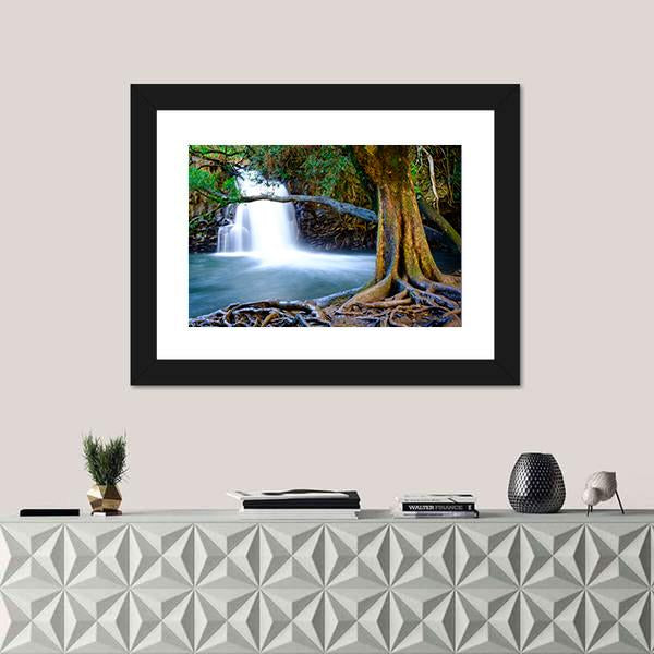 Waterfall And Old Tree Canvas Wall Art-1 Piece-Framed Print-20" x 16"-Tiaracle