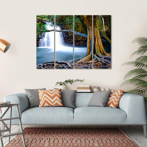 Waterfall And Old Tree Canvas Wall Art-4 Horizontal-Gallery Wrap-34" x 24"-Tiaracle