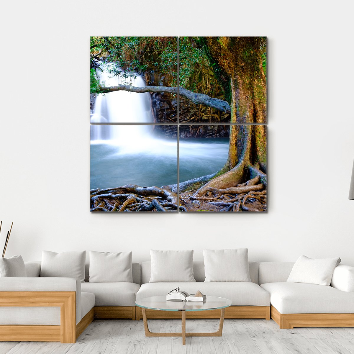 Waterfall And Old Tree Canvas Wall Art-4 Square-Gallery Wrap-17" x 17"-Tiaracle