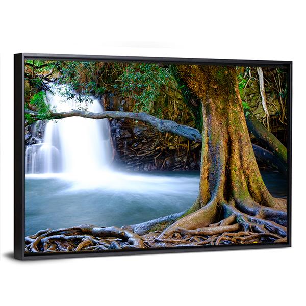 Waterfall And Old Tree Canvas Wall Art-3 Horizontal-Gallery Wrap-25" x 16"-Tiaracle