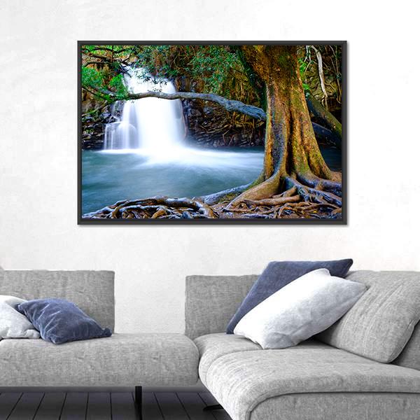 Waterfall And Old Tree Canvas Wall Art-5 Horizontal-Gallery Wrap-22" x 12"-Tiaracle