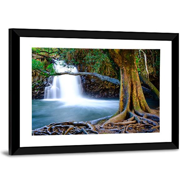 Waterfall And Old Tree Canvas Wall Art-3 Horizontal-Gallery Wrap-25" x 16"-Tiaracle