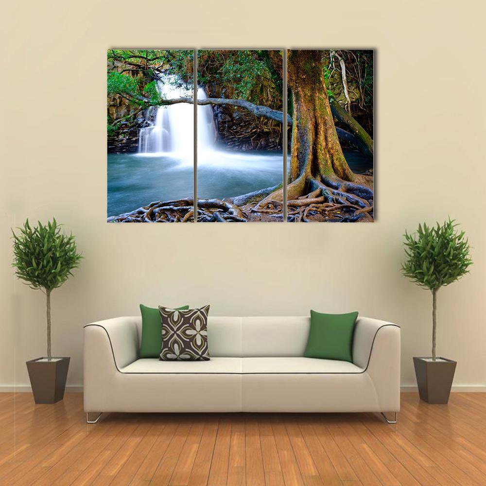 Waterfall And Old Tree Canvas Wall Art-3 Horizontal-Gallery Wrap-37" x 24"-Tiaracle