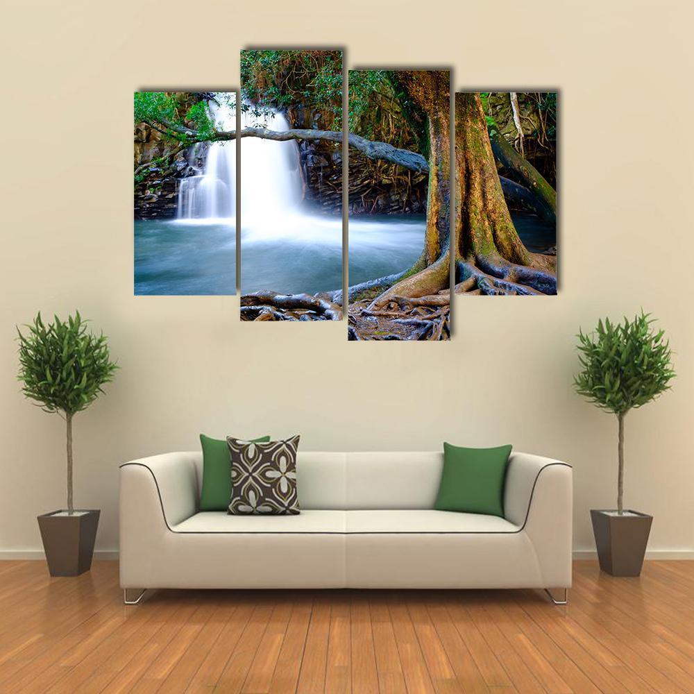 Waterfall And Old Tree Canvas Wall Art-4 Pop-Gallery Wrap-50" x 32"-Tiaracle